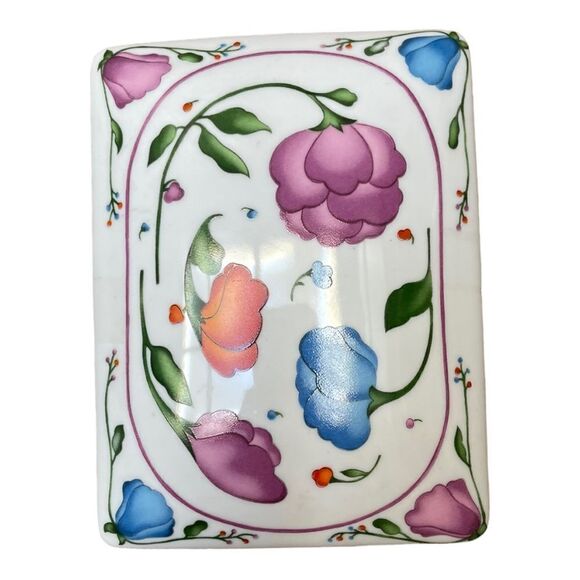 Vintage HORCHOW Floral Porcelain Divided Dish Trinket Box Japan Blue Pink Orange - Picture 2 of 7